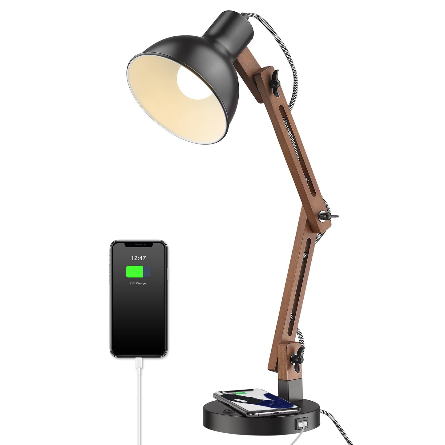ELYONA Modern Sapele Wood Desk Lamp with Upgraded Wireless Charger & USB C Charging Port Swing Arm Table Lamp Bedside Reading Task Light for Dorm Office Bedroom Living Room LED Bulb Included Black