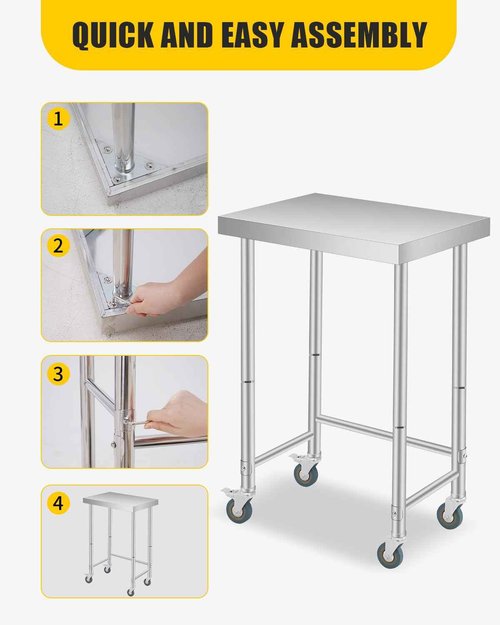 16"x24" Stainless Steel Table, 300LBS Open Base Table, NSF Commercial Metal Prep Table with Lockable Wheels, Single Tier Utility Workbench for Kitchen Garage Workshop Laundry, Heavy Duty