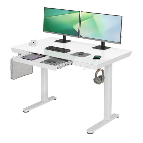 YDN Glass Standing Desk With Drawers, 48 x 24 Inch Electric Stand Up With USB Ports, Adjustable Height for Home Office, White
