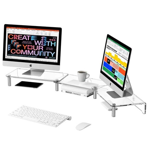 HEWYIOS dual monitor stand riser, 3-layer transparent acrylic monitor stand with anti slip pad, adjustable length and angle, suitable for 2 monitors, desktop, laptop, PC, printer, TV screen