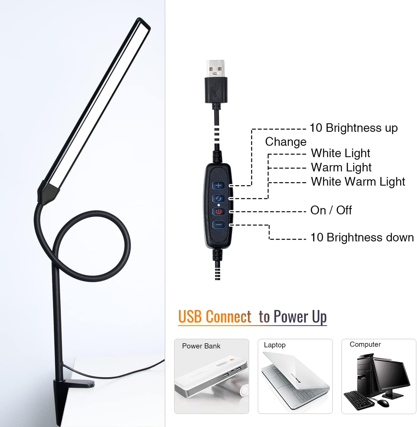 Skiennix LED Desk Lamp - Eye-Caring Clamp Light with 3 Color Modes & 10 Brightness Levels | 11W, 850 LMS