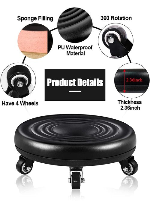 Lanstics Low Roller Seat Short Stools with Wheel Chair PU Leather Rolling Stool Seats Universal Wheels for Home Office Fitness Round Roller Seat Stool (Black)