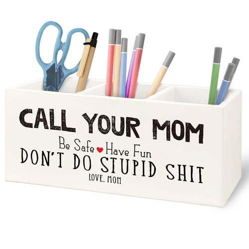 URLLUAE Funny Call Your Mom Wooden Pen Pencil Holder for Office Desk Accessories, Gifts for Freshman Son Daughter College Students Makeup Brush Toothbrush Holder Organizer for Bathroom
