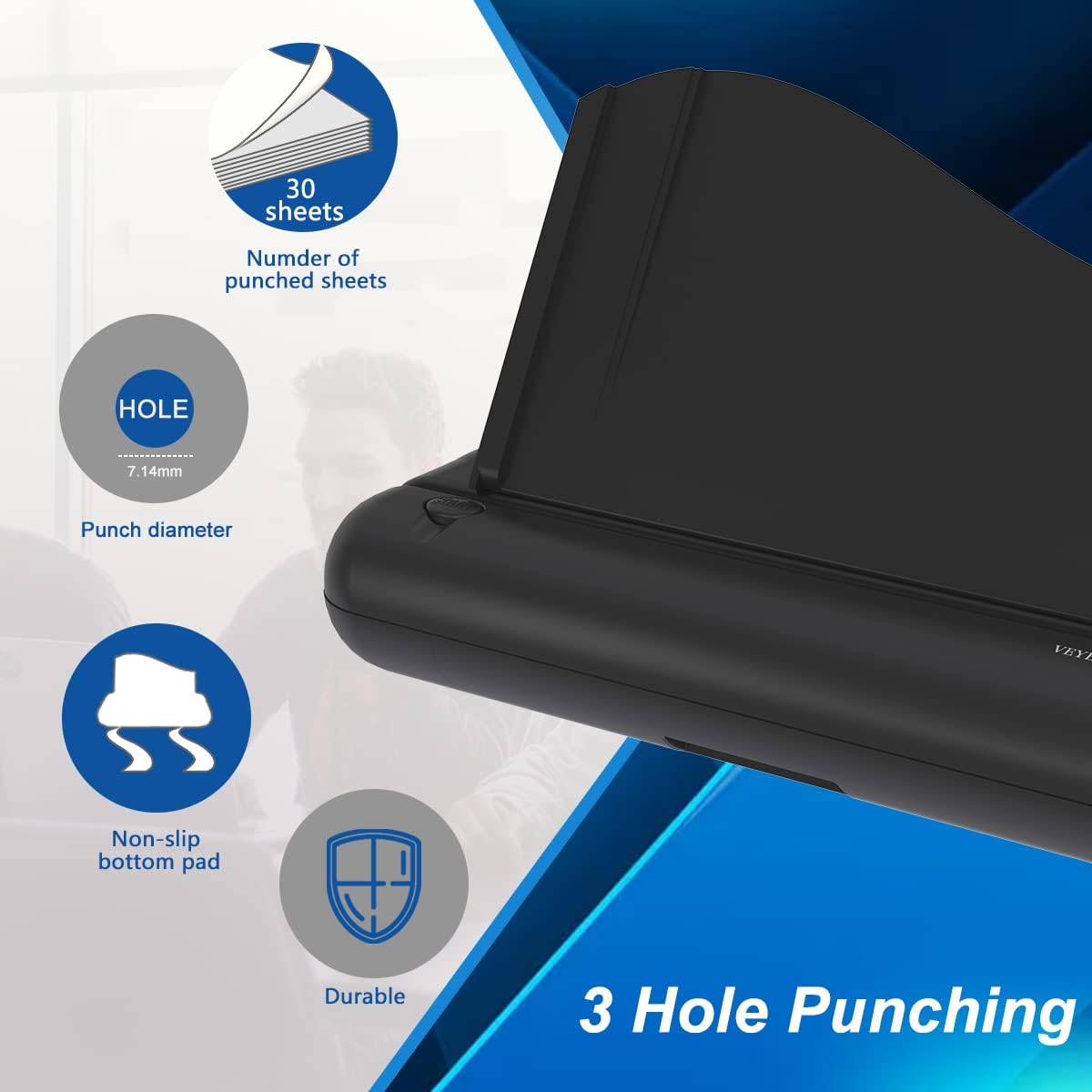 VEYETTE Electric 3-Hole Paper Punch - Heavy Duty Commercial Design, 30 Sheet Capacity, Black