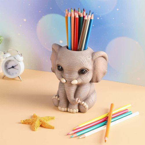 Elephant Pen Pencil Holder, Cute Fashion Desk Organizers Animal Ornament, Makeup Brush Holder Home Office Desk Supplies Organizer Accessory
