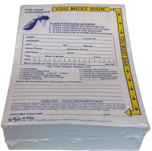 Key Drop Off Envelope - EBNO-1-Y - 500 Qty. (W1)
