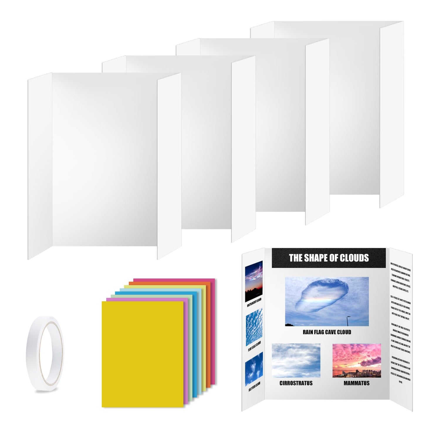 4pcs Trifold Poster Board, 26x17 Inches White Trifold Presentation Display Board Corrugated Project Board for School and Business Project (4pcs with papers)