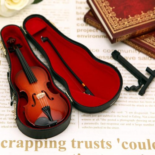 Wooden Miniature Violin with Stand, Bow and Case Mini Musical Instrument Replica Collectible Figurines, Mini Violin Model for Home Office Decor Birthday Christmas (2.36x0.83x0.47in)