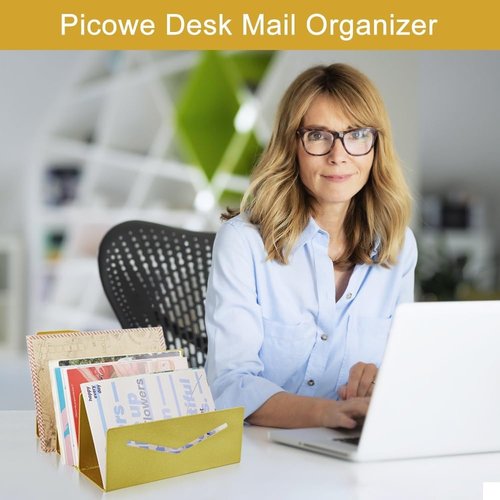 Picowe Metal Desk Mail Organizer - 3 Slot Letter Holder for Home Office | Elegant Gold Finish