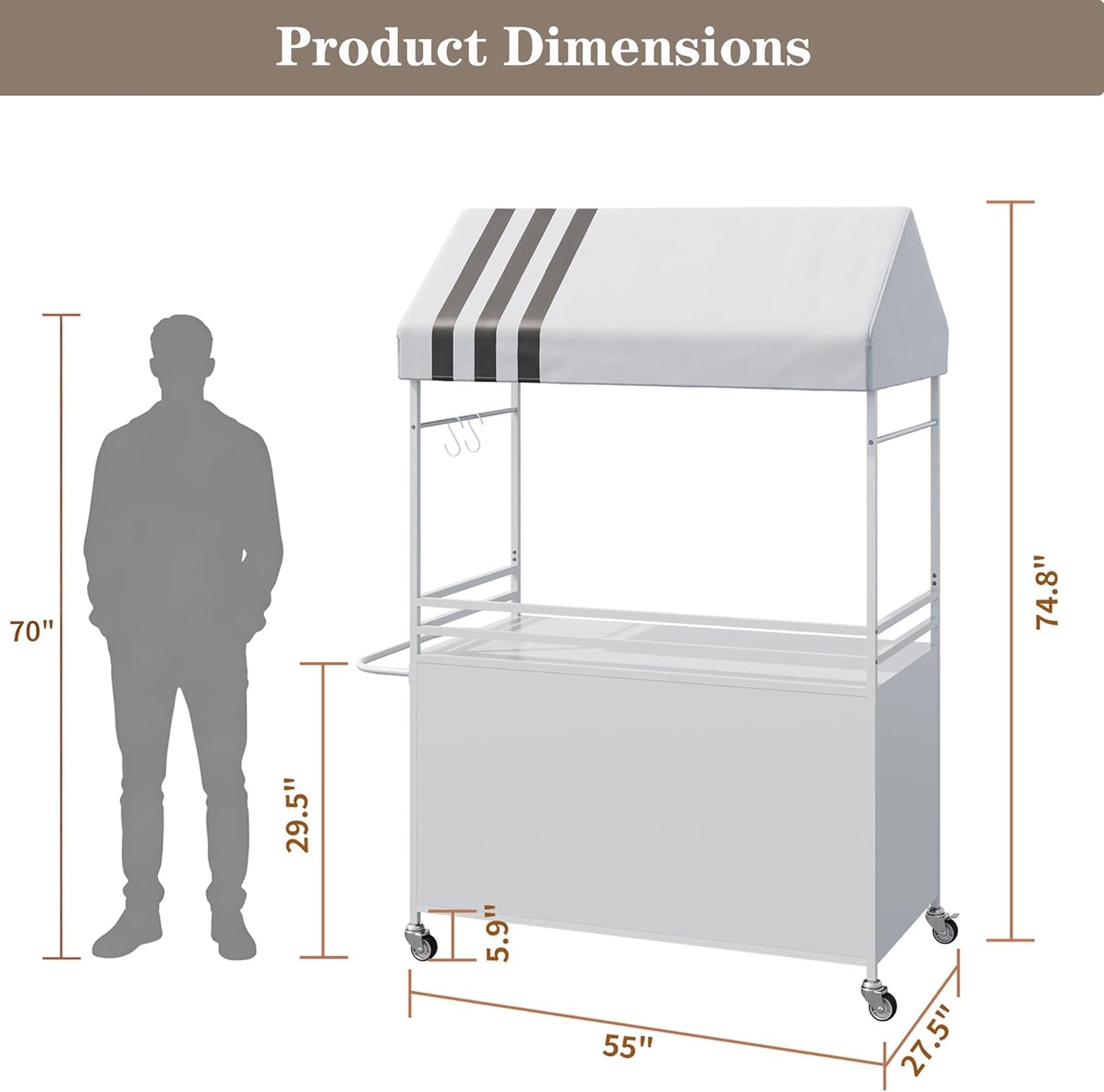 Skiennix Portable Vendor Cart - 75" Tall Outdoor Mobile Food Cart with Canopy & Wheels | White