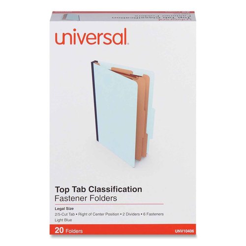 Universal Six-Section Classification Folders, Heavy-Duty Pressboard Cover, 2 Dividers, 6 Fasteners, Legal Size, Light Blue, 20/Box