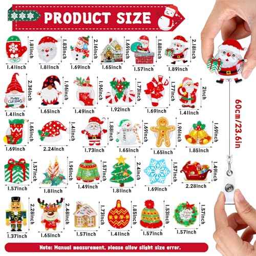 Yinkin 30 Pcs Christmas Retractable Badge Reels Acrylic Gillter Xmas Nurse Id Holder Name Card with Alligator Swivel Clip Santa Claus Snowman Elk Badge Holder for Nurse Gift New Year