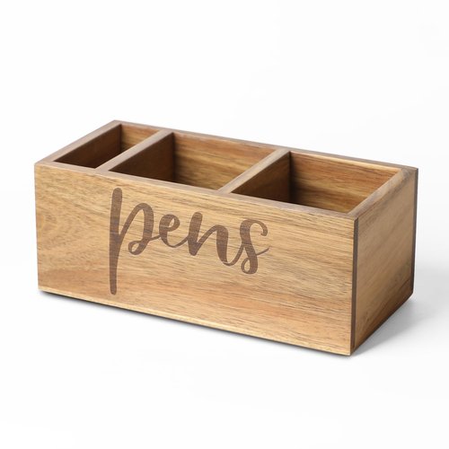LBEMEY Acacia Wood Pen Holder, Desktop Pen Organizer,3 Compartment Pen and Pencil Holder, Desktop Organizer for Store Marker, Office Supplies, Makeup Brush, TV Remotes (Large)