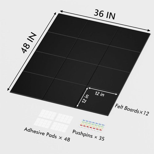 Neatsure Large Cork Board - 48" x 36" Bulletin Board with 12 Felt Tile Panels | Black Tack Board for Office
