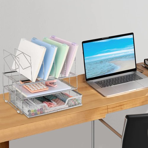 Youbetia Desk Organizers and Storage - Double Tray and 5 Upright Sections, Desk Accessories Office Supplies File Organizer, Book Display & Storage for School or Office, Silver