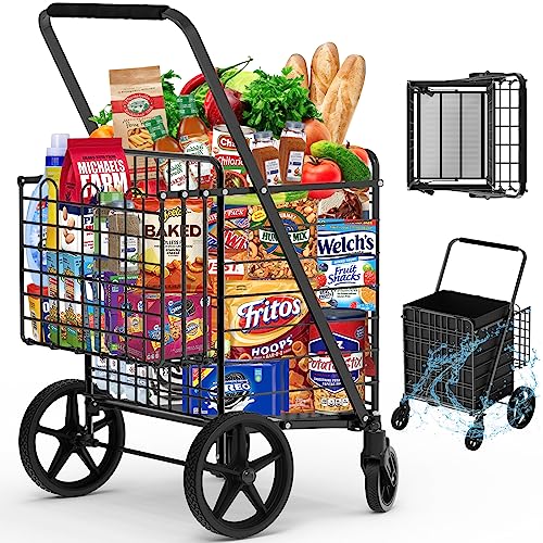 Super Jumbo 450lbs Capacity Folding Shopping Cart on Wheels - RXUJYC (Includes Large Front & Back Baskets) - Easy Assemble