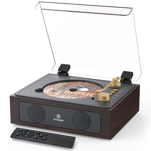 CD Player with Built-in Speakers Bluetooth Retro Portable CD Players for Home Music Player with Remote Control Headphone Jack Walnut Brown