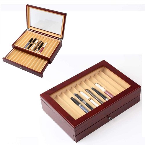 MYOYAY 2 Tier Wood Pen Display Box 23 Slot Pen Storage Organizer Box Luxury Fountain Pen Collector Case with Lid for Shop or Home, Red