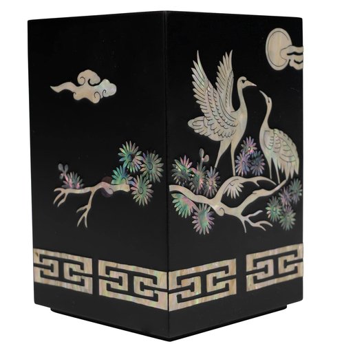 February Mountain Handcrafted Korean Mother-of-Pearl Pen Holder - Crane and Pine Tree Design, Elegant Black Lacquered Desk Organizer for Office or Home