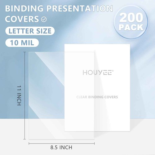 HOUYEE 200 Pack 10 Mil PVC Binding Presentation Covers, Clear Report Cover Sheets for Binding, Square Corner, 8.5 x11 Inches, Letter Size