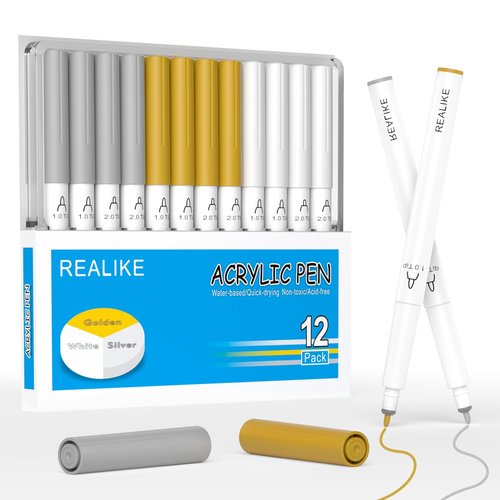 REALIKE Acrylic Paint Markers for Cricut Maker 3/Maker/Explore 3/Air 2/Air, Gold Silver White Acrylic Paint Pens for Rocks, Paper, Wood, Canvas, Glass, Ceramic, Fabric (1.0 & 2.0 Tip)