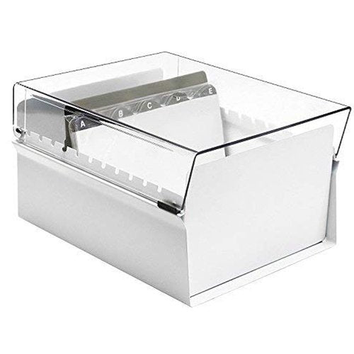 Acrimet 5 X 8 Card File Holder Organizer Box Metal Base Heavy Duty (AZ Index Cards and Divider Included) (White Color with Clear Crystal Plastic Lid Cover)