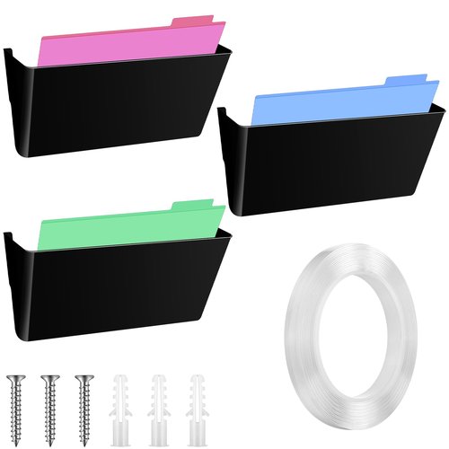 Threehoney 3 Pcs Black Single Pocket Wall Mount File Holder Legal Size Plastic Office Wall Organizer with Double Sided and Screws Hanging File Organizer Mails Wall Folder Holder for Office and Home