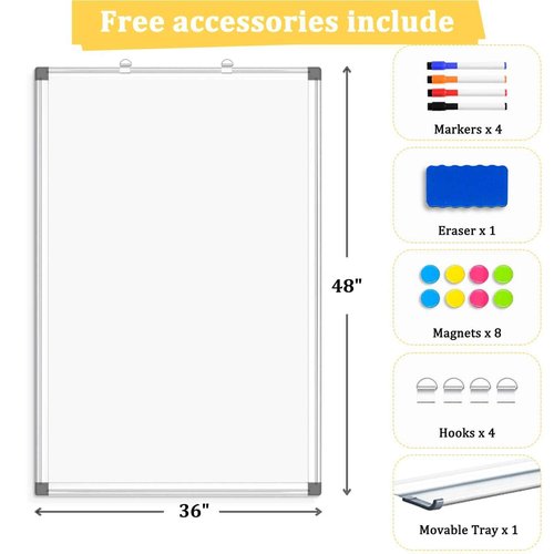 AMUSIGHT Double-Sided Magnetic Whiteboard, 48" x 36" Large Dry Erase Board Aluminum Frame for Wall, Large White Board Marker Board for Kitchen, Memo, School, Home, Office