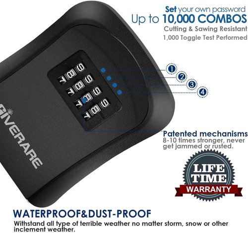GIVERARE 4-Digit Key Lock Box - Waterproof Wall-Mount Safe with Resettable Code | Outdoor Key Hider - Black