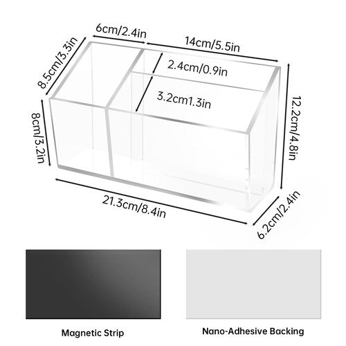 NiOffice Clear Acrylic Magnetic Dry Erase Marker Holder for Whiteboard Fridge Locker 8.4"x4.8"x2.4" Large Self Adhesive Wall Pen Holder for Home School Office,3-Grid Magnetic Pencil Organizer Holder