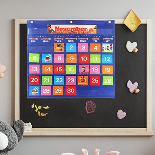 Fun Classroom Calendar - Educational Pocket Chart with 88 Cards | Monthly Calendar for Teachers (Blue)