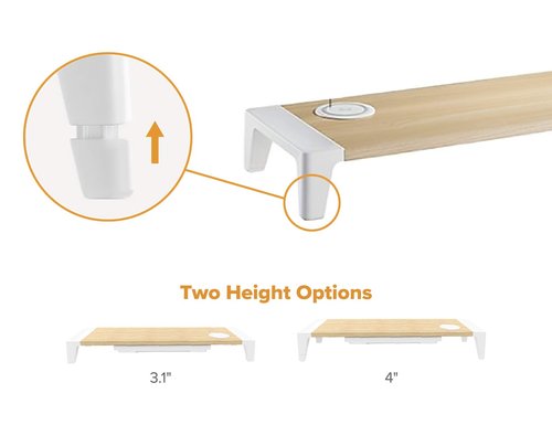 Bostitch Office Wooden Monitor Stand with Wireless Charging Pad, Drawer for Storage, Adjustable Height Riser Includes Removable Non-Skid Rubber Feet - Wood Grain and White (STND-248WH)