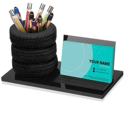 Sherr Tire Shaped Pen Holder Business Card Tire Shape Arylic Stationery Set Automotive Business Card and Car Salesman Pen Holder Office Desk Organizer for Men Cool Mechanics Gifts Car Lover(Black)