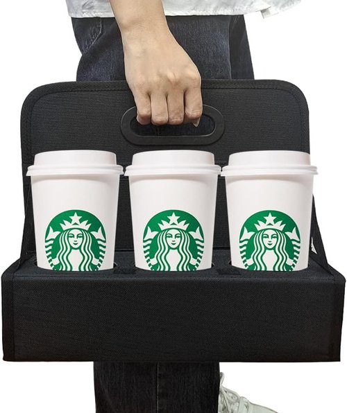 Boczif Cup Caddy - Portable 6-Cup Drink Carrier with Handle | Folds Flat for Coffee, Wine, Cocktails (Black)