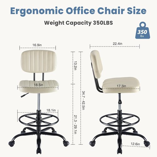 DUMOS Armless Drafting Chair - Ergonomic Low Back Office Seat with Adjustable Footrest | Beige Swivel Stool