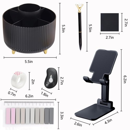 Office Supplies,Desk Accessories,with Stapler,Tape Dispenser,Staple Remover,Scissor,Ballpoint Pen,Sticky Notes,Clear Tape,Staples,Desk Organizer,Phone Stand,Binder,Index Tabs,Best gift set(Black)