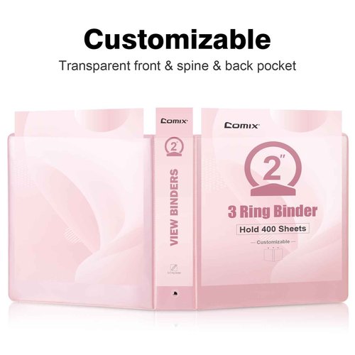COMIX Standard 3 Ring Binder 2 inch with Clear View Cover, 2" Round Ring View Binder Holds 400 Sheets of US Letter Size Paper, 6 Pack (Pink)