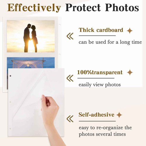 Chuangdi 120 Pcs Photo Album Pages 9 x 11 Inch Self Adhesive Double Sided 3 Hole Punched Photo Mounting Sheets Picture Sleeves for 3 Ring Binder Refill Picture Album Sheets, Binder Not Included