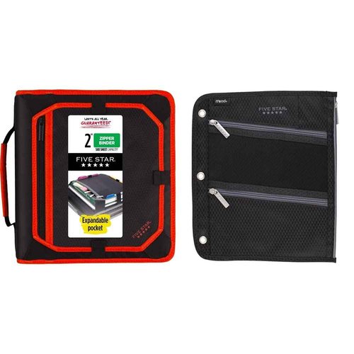 Five Star Bundle : 2 Inch Zipper Binder, 3 Ring Binder, Red/Black (29052CE8) & Zipper Pencil Pouch, Pen Holder, Fits 3 Ring Binders, Assorted Colors, Color Will Vary (50642)