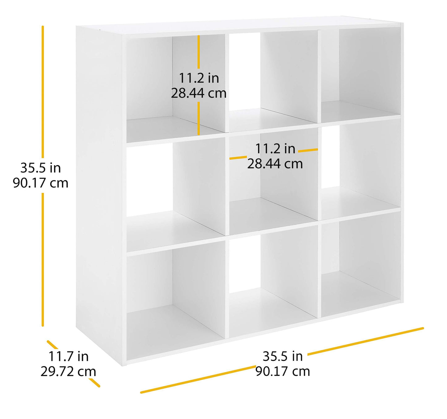 Whitmor 9 Cube Bookcase, 3 Tier Stackable MDF Bookself, Open Storage Display Organizer, Storage Cabinet for Living Room, Bedroom, Home, Office, 35.5" L x 11.7" W x 35.5" H, White