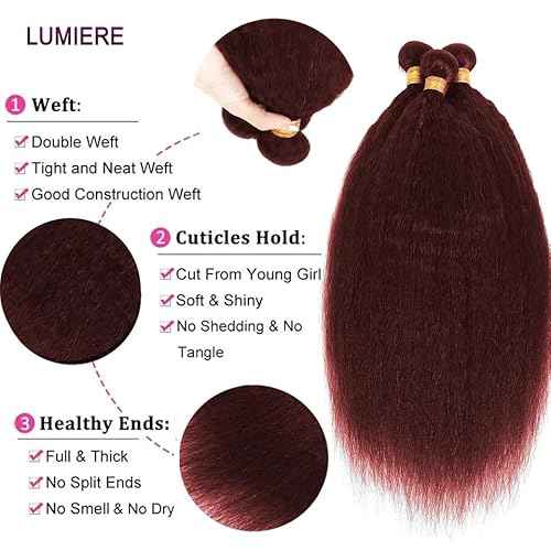 #99J Burgundy Bundles Human Hair Yaki Straight Bundles 18 20 22 Inch Wine Red Kinky Straight Bundle Unprocessed Brazilian Virgin Weave Hair 3 Bundle 50 Gram Per Bundle