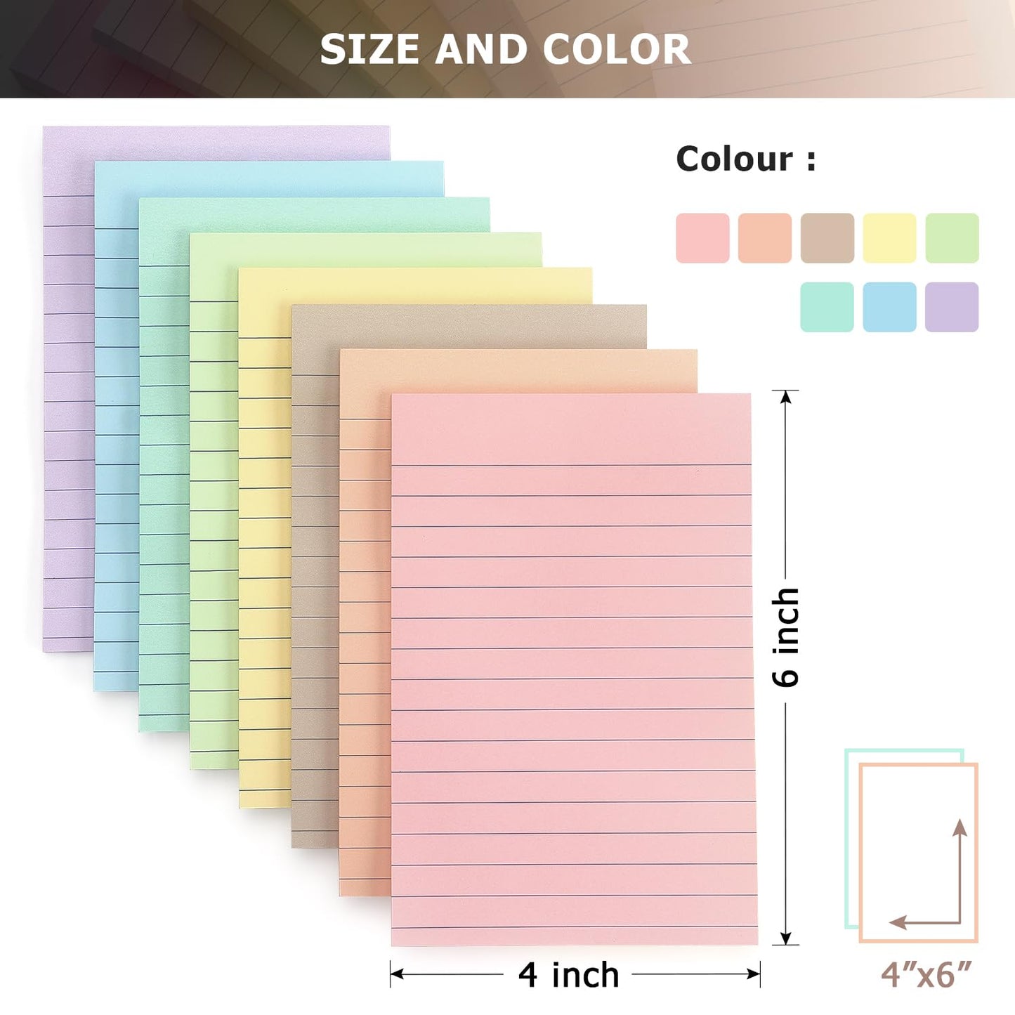 4x6 Inch Lined Sticky Notes, 8 Pack, Light Colors, Premium Self-Adhesive Notepads, Large Sticky Pads for Office, School & Home Use, Easy to Use, Reusable & Removable