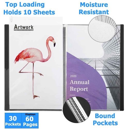 Sooez Heavy Duty Binder with Plastic Sleeves 18"x24", Portfolio Folder with 30 Clear Sheet Protectors, Display 60 Pages, Presentation Book for Artwork, Sheet Music, Document