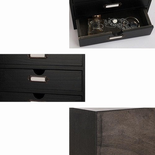 PACKGILO Wooden Storage Box Rustic Desktop Organizer with 3 Drawers Office Desk Accessories Shelf Small Craft Storage Containers Apothecary Cabinet and Chest Jewelry Holder for women(BLACK)