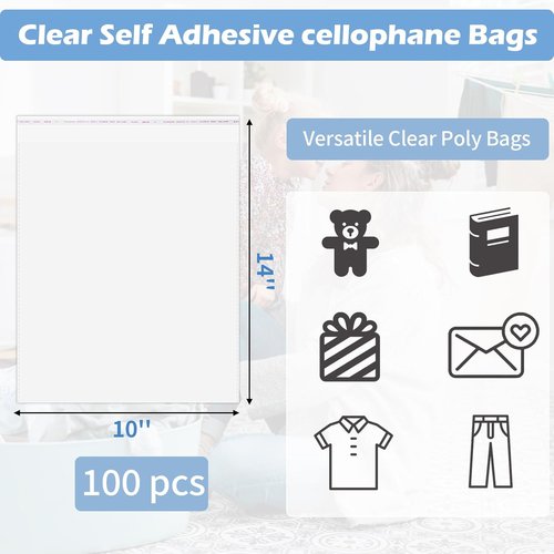 Cellophane Bags - 100 Pcs Resealable Clear Poly Bags for Clothes, Party Favors & Artwork | 10x14 Inches