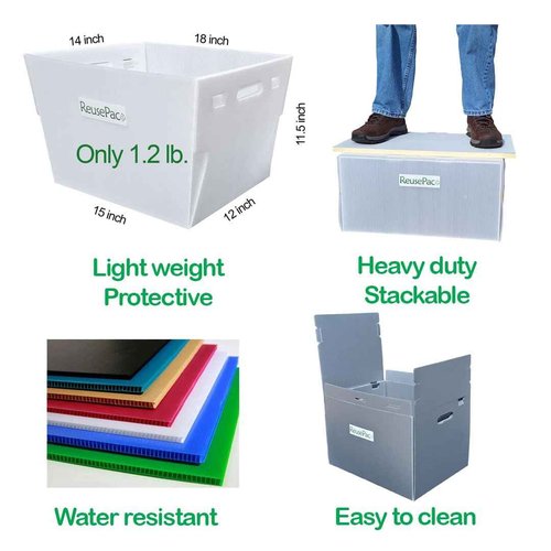 REUSEPAC Reusable Foldable Box Corrugated PP Lightweight, Storage Moving Mailing, Heavy Duty Stackable, Tape Free Self-Locking Lid for Business Home In/Outdoors (Gray 4 Pack, 24x16x12in)