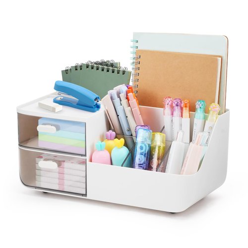 STNRST-IN Desk Organizer with 2 Drawer, Office Organization with 8 Compartments +1 Top Tray, Plastic Pen Holder for Desk, Makeup Storage Box with 3 Pencil Holder for School, Home, Art Supplies