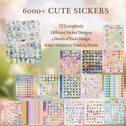 64 Sheets Stickers for Kids,6000+PCS Kids Stickers Bulk,Animals, Stars, Cakes, Desserts, Heart-Shaped Motivational,Teacher and Students