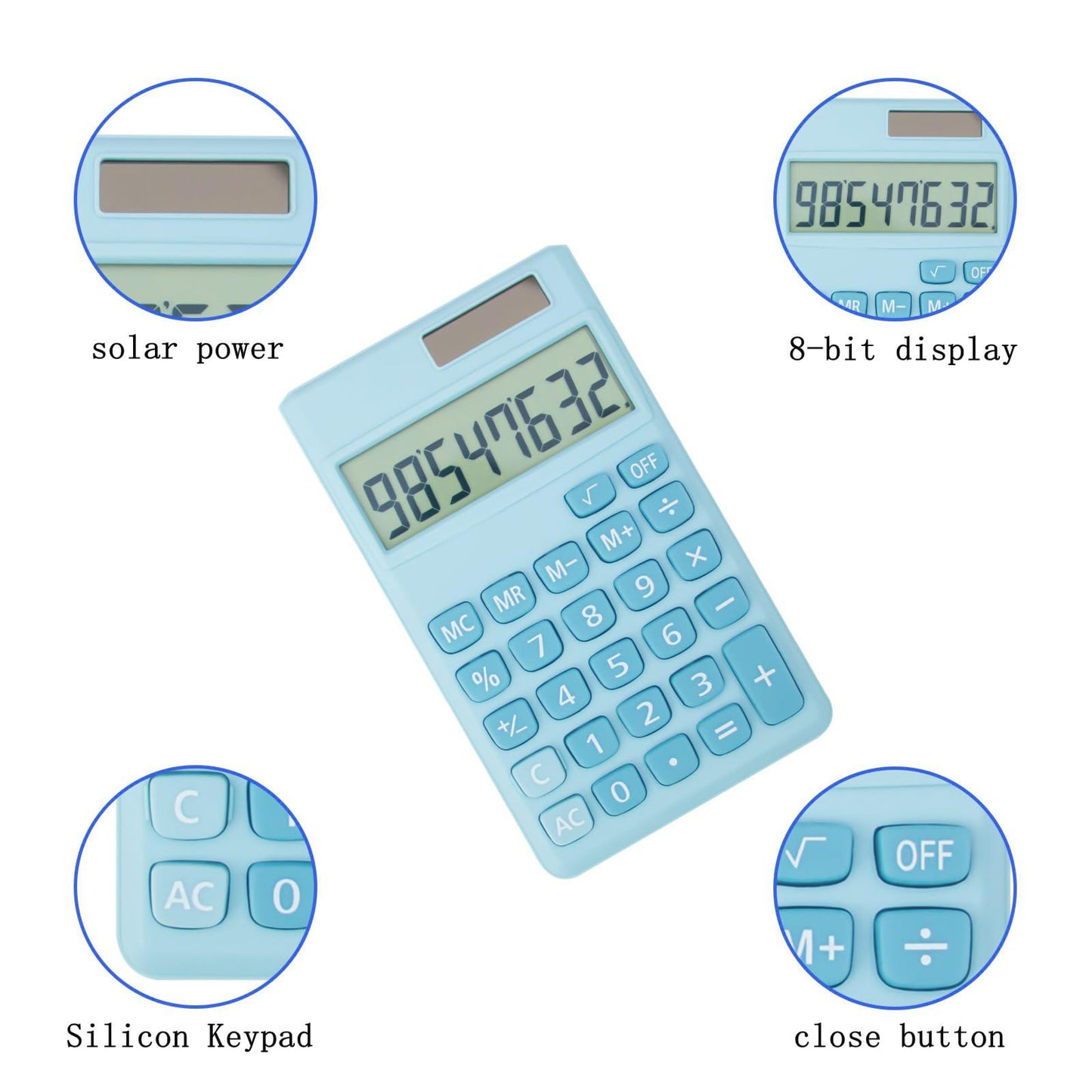 Basic Standard Calculators Small Digital Desktop Calculator with 8-Digit LCD Display, Battery Solar Power Smart Calculator Children's School Adult Office Family Standard Functions (8 bit Blue)