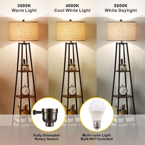 ROSEN GARDEN Floor Lamp, Standing Reading Light with Shelves and Fabric Shade, Modern Tall Pole Lamp, Accent Furniture Décor Lighting for Living Room, Bedrooms